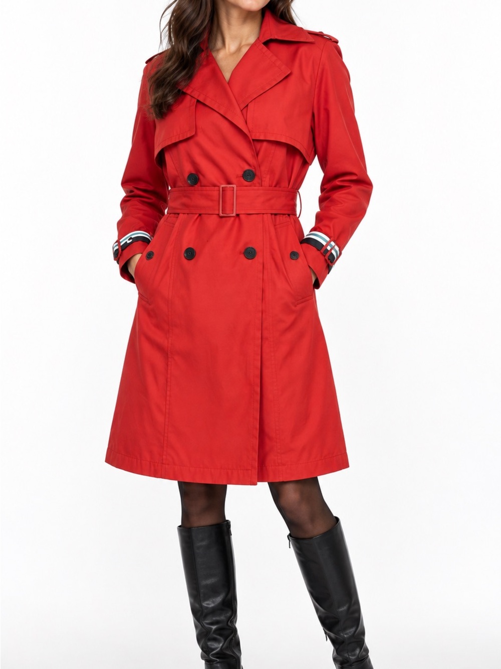 VIKI Red Trench Coat Womens 55 S Belted Double Breasted Korean Fashion NWOT
